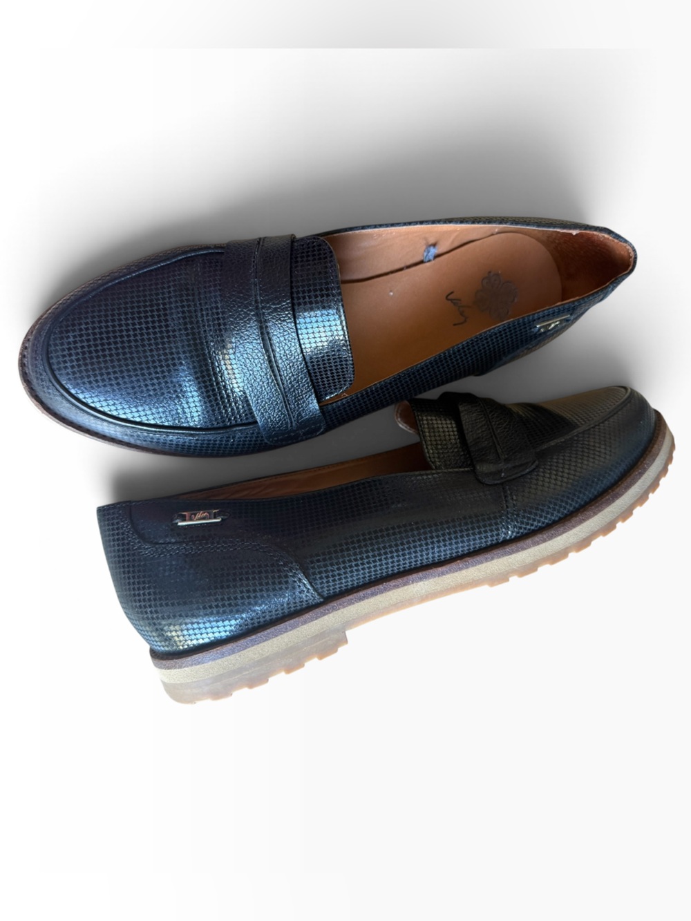 Women's Black Textured Leather Penny Loafers with Lug Sole